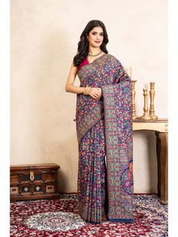Zal from Benaras - Blue Pure Silk Banarasi Meenakari Handloom Saree Without Blouse