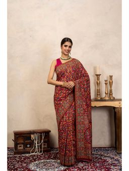 Zal from Benaras - Red Pure Silk Banarasi Meenakari Handloom Saree Without Blouse