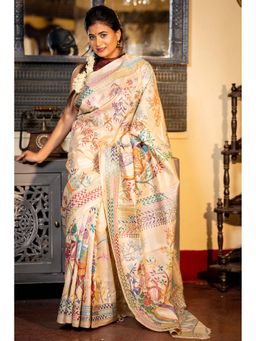 Maayavi - Beige Shakuntala Saree with Unstitched Blouse