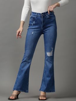 SHOWOFFFF - Women's Mildly Distressed Bootcut Blue Denim Jeans