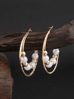 E2O - Contemporary Golden Plated Embellished with Pearl Hoop Earring
