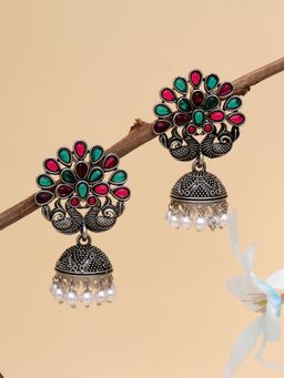 Karatcart - Oxidised Silver Peacock Shape Red and Green Stone Jhumki Earrings for Women