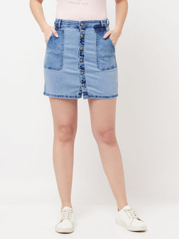 CRIMSOUNE CLUB - Women Blue Solid Washed Mini Denim Skirt