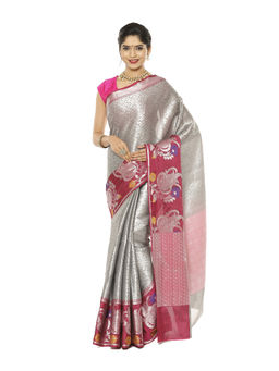 Banarasi Silk Works - Grey Silver Zari Kanchi Silk Tanchoi Meena Saree with Unstitched Blouse