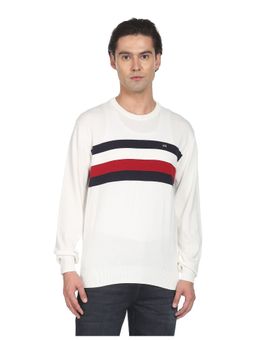 Arrow - Sports Men White Horizontal Stripe Pure Cotton Sweater