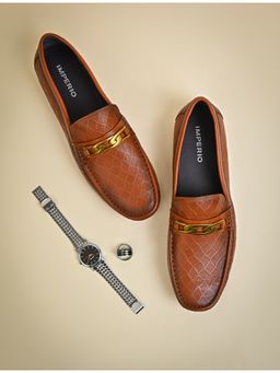 Imperio - Tan Men Textured Leather Buckled Loafers