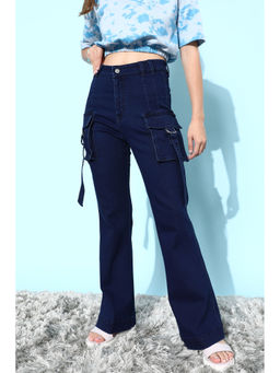 DOLCE CRUDO - Womens Navy Blue Bootcut High Rise Clean Look Regular Stretchable Denim Jeans