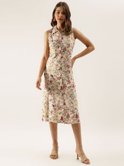 Divena - Cream Floral Printed Rayon Midi Dress With Attached Sleeves