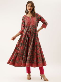 Divena - Green Floral Printed Flared Kurta Dress For Women