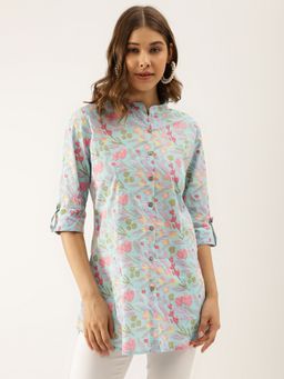 Divena - Sky Blue Printed Cotton Regular Fit Top