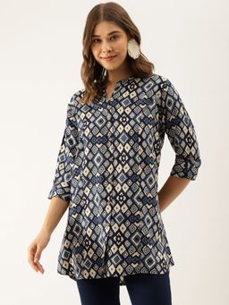 Divena - Navy Blue Printed Rayon Regular Fit Top
