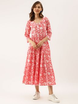 Divena - Pink Floral Printed Cotton Ethnic Dress For Women