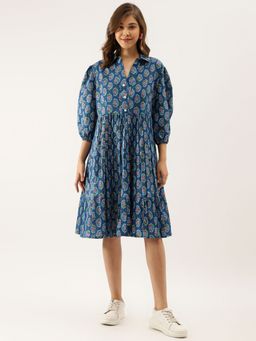 Divena - Blue Paisley Printed Cotton Dress For Women