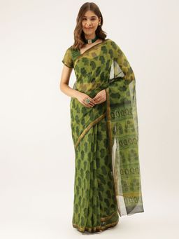 Divena - Green Handblock Kota Doria Saree with Unstitched Blouse