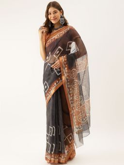 Divena - Black Handblock Kota Doria Saree with Unstitched Blouse