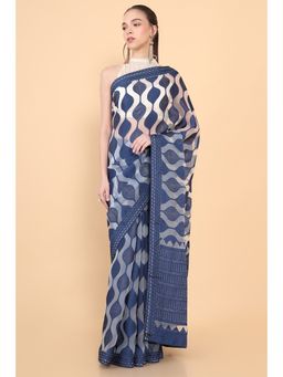 Soch - Women Blue Organza Printed Saree with Unstitched Blouse