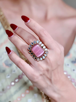 Azai by Nykaa Fashion - Regal Pink & Gold Mirror Work Ring