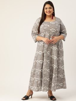 theRebelinme - Womens Grey Monotone Floral Printed Cotton Maxi Dress
