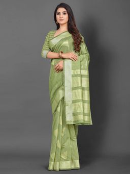 Akhilam - Women Linen Green Woven Design Celebrity Saree with Unstitched Blouse