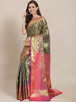 Silk Land - Kanchipuram Soft Silk Zari Woven Saree with Unstiched Blouse Navy Blue & Gold