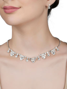 Lilly & Sparkle - Silver Toned Crystal Studded Cup Chain Necklace with Stud Earrings (Set of 2)