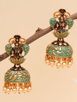 Karatcart - Gold Plated Green Meena Mata Laxmi Jhumki Earrings for Women