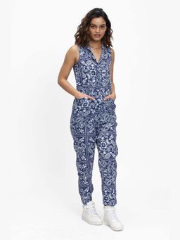 TERRA LUNA - Elara Blue Linen Printed Jumpsuit