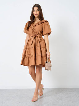 Styli - Women Brown Cotton V-Neck Dress with Belt