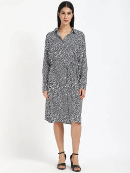 Tommy Hilfiger - Women Navy Blue Viscose Collar Neck Dress with Belt