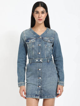 Tommy Hilfiger - Women Blue Cotton V-Neck Dress with Belt