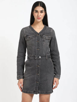 Tommy Hilfiger - Women Black Cotton V-Neck Dress with Belt