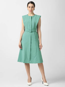 Van Heusen - Women Green Polyester Blend Round Neck Dress with Belt