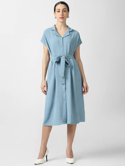 Van Heusen - Women Blue Polyester Notched Lapel Dress with Belt