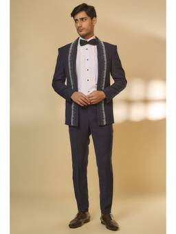 Abees - Navy Blue Embroidered Blazer Shirt with Trouser and Bow