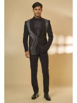 Abees - Abstract Moving Cutdana Handwork Black Blazer Shirt with Trouser and Bow