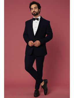 Abees - Hand Work Navy Blue Tuxedo Shirt with Trouser and Bow