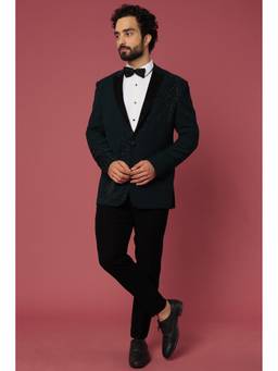 Abees - Hand Work Bottle Green Tuxedo Shirt with Trouser and Bow
