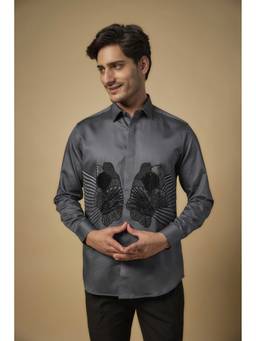 Abees - Grey Cutdana Embellished Signature Cotton Shirt