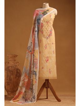 Soch - Womens Yellow Linen Floral Unstiched Dress Material with Thread Work (Set of 3)