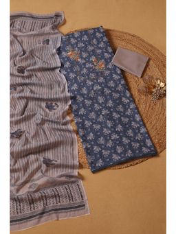 Soch - Womens Indigo Linen Floral Unstiched Dress Material with Mirror Work (Set of 3)