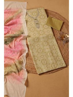 Soch - Womens Light Green Linen Bandhani Print Unstitched Dress Material (Set of 3)