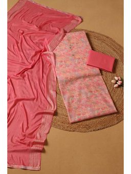 Soch - Women Peach Chanderi Printed Unstitched Kurta and Bottom with Dupatta (Set of 3)