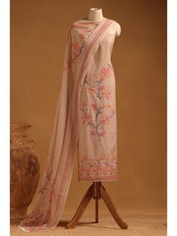 Soch - Womens Beige Linen Floral Print Unstitched Suit (Set of 3)