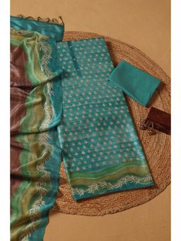 Soch - Womens Turquoise Blue Tussar Botanical Print Unstitched Suit (Set of 3)