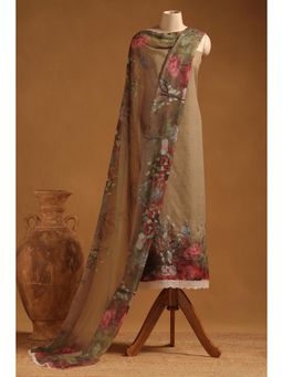 Soch - Women Beige Linen Botanical Print Unstitched Dress Material with Thread Work