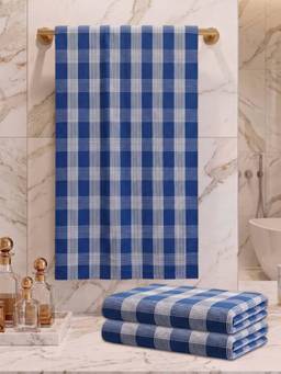 Athom Living - Checks Bath Towel for Men & Women - Blue (M) (Pack of 3)