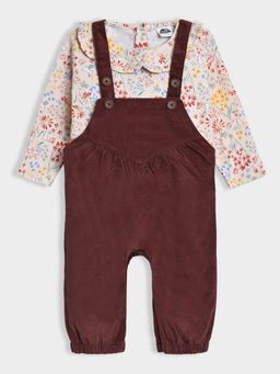 Mi Arcus - Printed Peter Pan Collar Peach Top with Solid Brown Dungaree for Girls