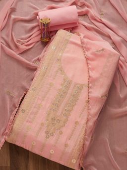 Koskii - Pink Zariwork Art Silk Unstitched Salwar Suit (Set of Three)