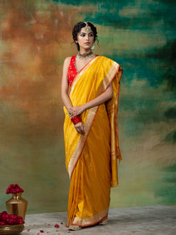 WeaverStory - Handloom Mustard Yellow Pure Katan Silk Kadhwa Banarasi Saree with Booti