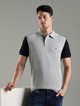 Tommy Hilfiger - Men Grey Cotton Regular Fit Polo T-Shirt